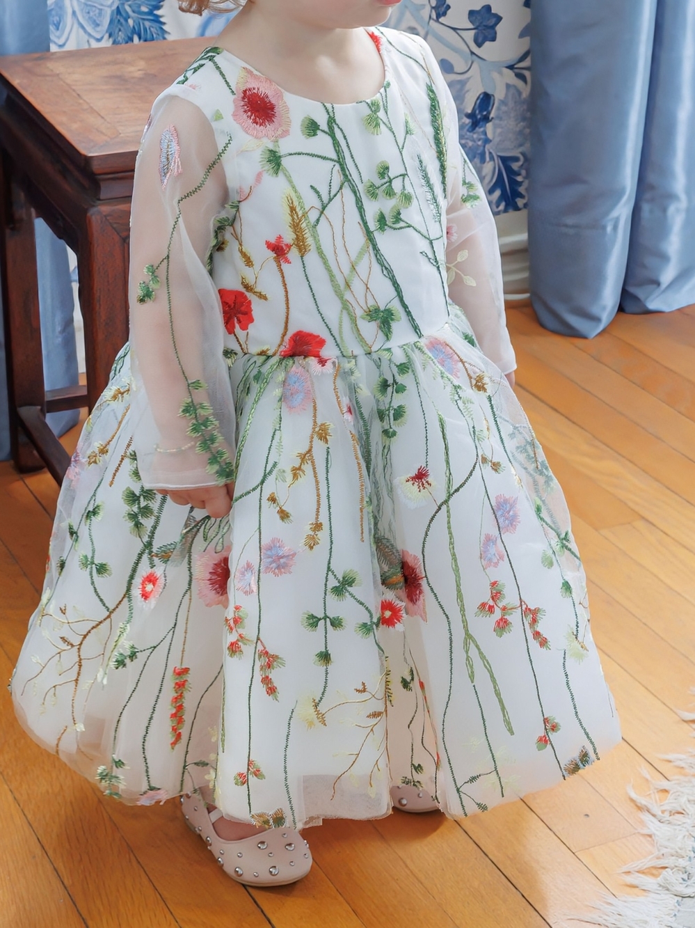 White Floral Embroidered Tulle Girls Dress
